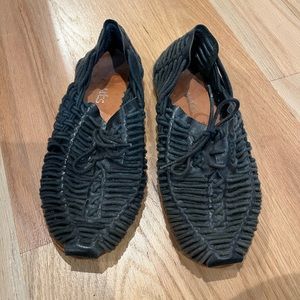 Woven Black Leather Slip On Shoes Huaraches